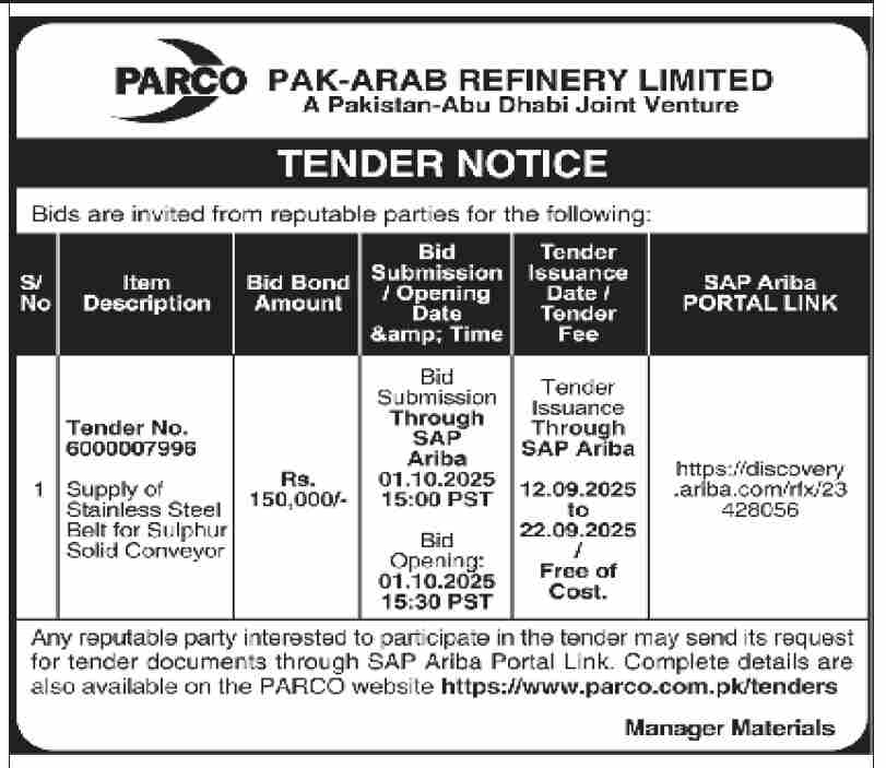 Pak Arab Refinery Limited Tender Notice-1